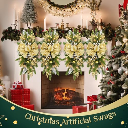 24-Inch Artificial Christmas Teardrop Swags - Gold Holiday Garland (8 Pack)