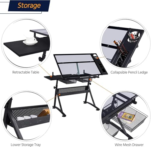 Height Adjustable Drafting Table with Stool and Tilting Glass Top