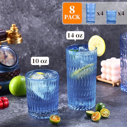 Loivttvv Blue Vintage Glassware Set of 8 Highball & Ribbed Cups, 14oz & 10oz