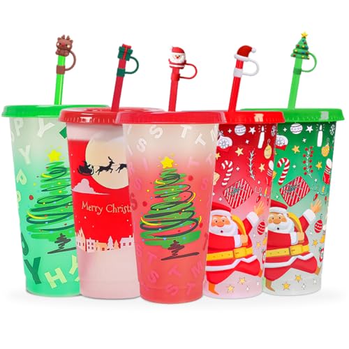 KJRIVER 5 Pack Christmas Color Changing Cups with Lids & Straws 24oz (Color Changing)