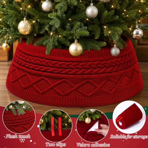 UXORSN 28 Inch Red Knitted Christmas Tree Collar Rustic Cable Knit Tree Skirt