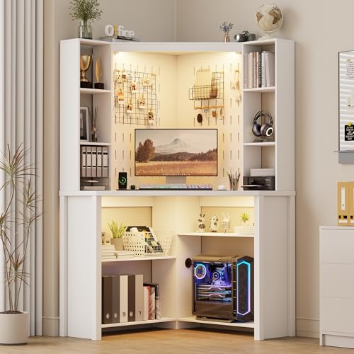 Corner Computer Desk with Hutch, LED Lights, and Built-in Charging Station
