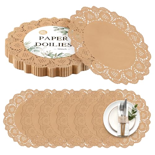 12-Inch Round Kraft Paper Doilies - 150-Pack Disposable Lace Placemats