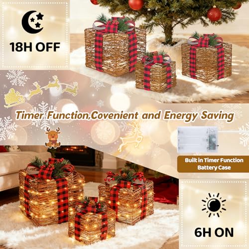 Christmas Gift Box Set with LED Lights, Rustic Rattan Decor, 3 Sizes