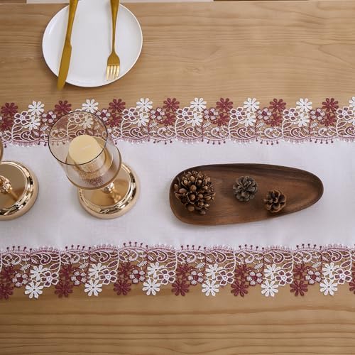Dark Red Floral Lace Table Runner 16x36 Inches - Elegant Dresser Scarf for Home Decor