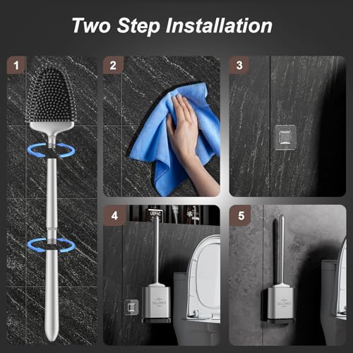 Silicone Toilet Brush and Holder Set - Flat Flexible Head, Rustproof Handle
