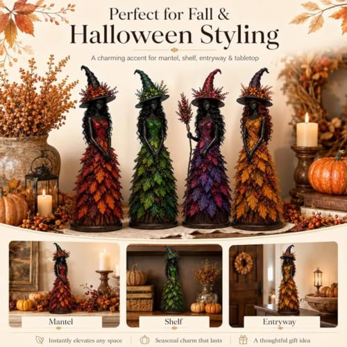 Autumn Witch Figurine - Fall Halloween Resin Tabletop Statue, Saffron