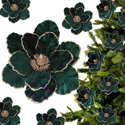 12 Pcs Velvet Poinsettia Flowers Ornaments for Christmas Tree - Dark Green, 8.8 Inch