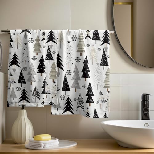 Aytipun Christmas Hand Towels Set of 2 Black Grey Xmas Tree Snowflake Print Winter Holiday Bathroom Decor