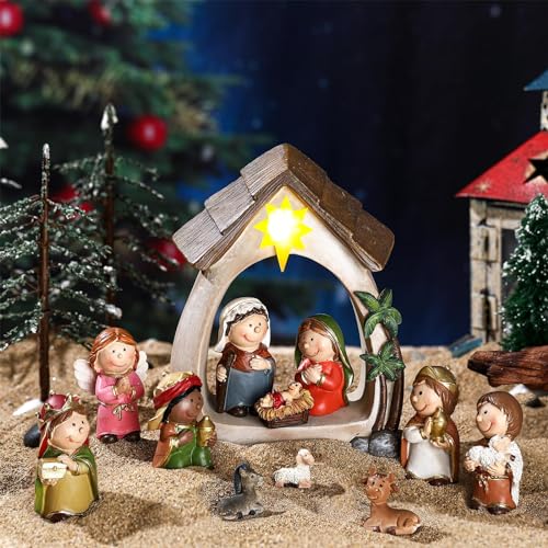 12-Piece Lighted Nativity Set - Small Resin Christmas Tabletop Scene