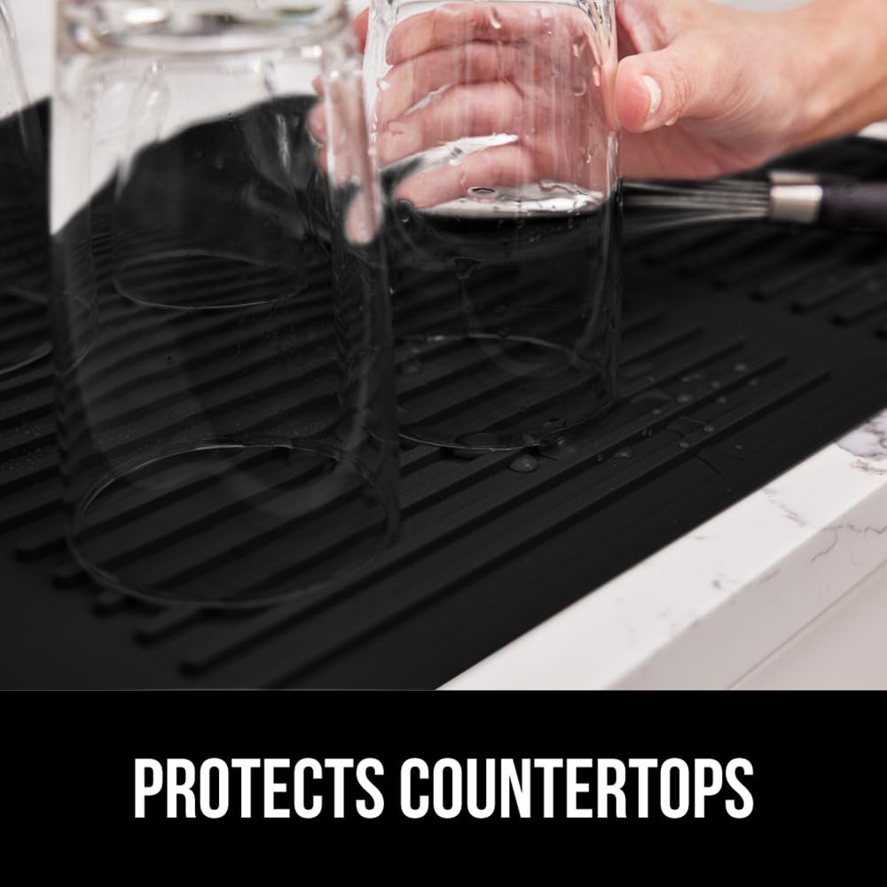 GORILLA GRIP 100% BPA-Free Patented Silicone Dish Drying Mat for Kitchen Counter, 18x16 Inch, Water Catching Ribbed Design, Easy Clean Waterproof Sink Liner, Heat Resistant, Fits Under Rack, Black