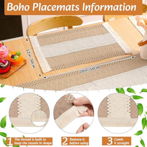 6-Piece Neutral Boho Table Runner & Woven Round Placemats Set 12x72"