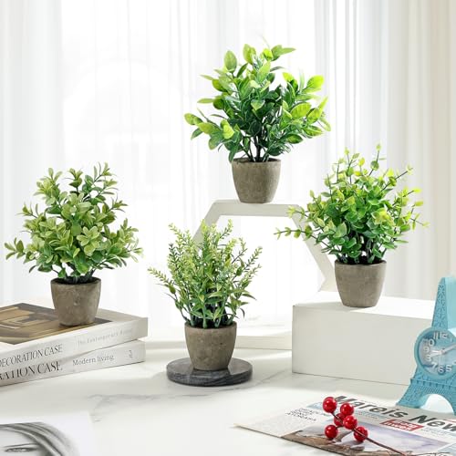4-Pack Artificial Potted Plants with Ceramic Pots, 7-Inch Faux Greenery