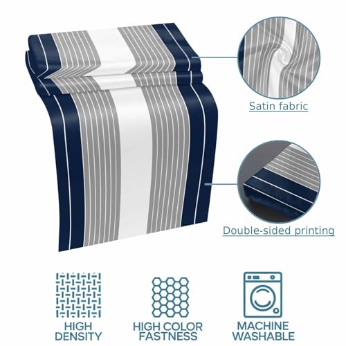 Navy Blue Grey Striped Bed Runner for Queen Bed - 94"x20" Satin Scarf