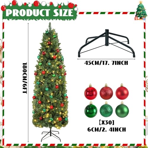 Justforjoyful 31-Pcs 6 Ft Slim Christmas Tree with 200 LED Warm White Lights, Red & Green Ornaments, Metal Stand