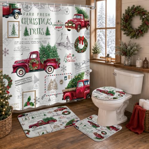 Christmas Red Truck Bathroom Set with Shower Curtain and Rugs - Holiday Decor, 72x72 (Variation: Christmas-6)