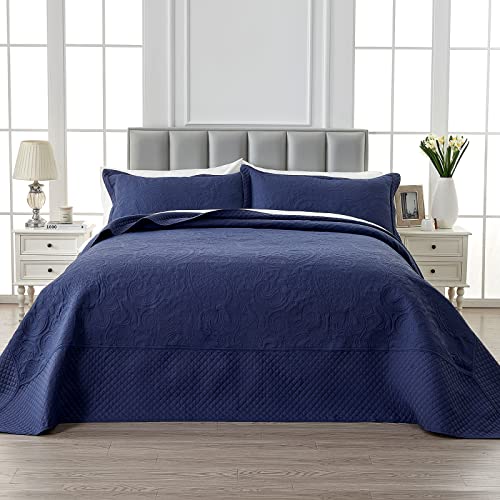 Oversized King Bedspread Set - Navy Blue Paisley Quilt & Shams