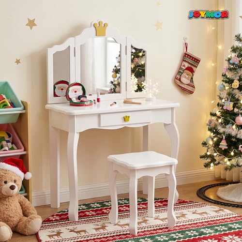 Kids Vanity Table and Chair Set with Tri-Folding Mirror and Storage Drawer