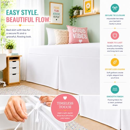 Twin XL Bed Skirt with 32 Inch Drop - Tailored Box Pleated Dorm Bedskirt, White