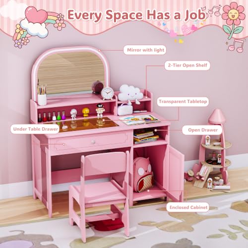 Kids Vanity Set with Mirror, Lights & Storage - Toddler Girl Dressing Table