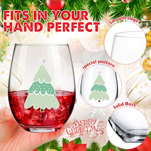 Umigy 8 Pcs Xmas Tree Stemless Wine Glasses 15 oz Green Silver Xmas Theme