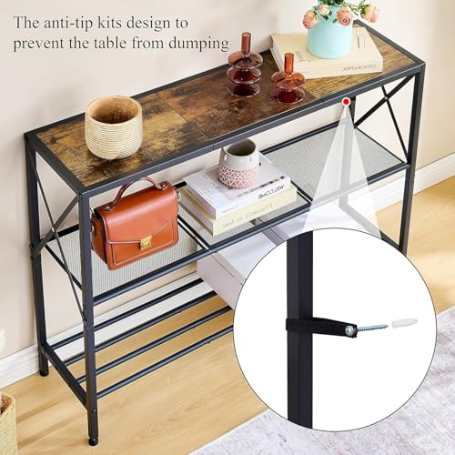 3-Tier Industrial Console Table with Shelves, Rustic Narrow Entryway Table