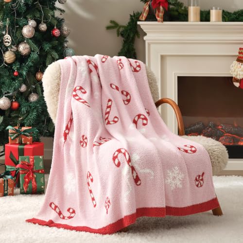 Snuggle Sac Pink Candy Cane Bow Christmas Throw Blanket 50x60 in - Ultra Soft Plaid Snowflake