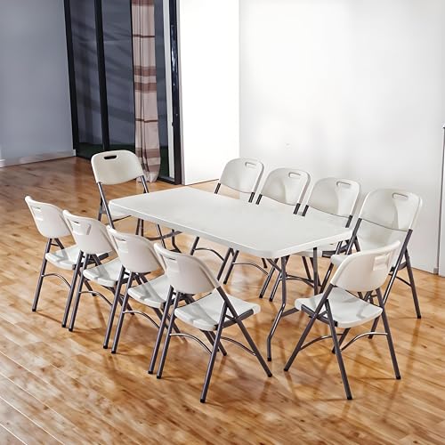 8ft Heavy Duty Folding Table, Portable Fold-in-Half Banquet & Picnic Table