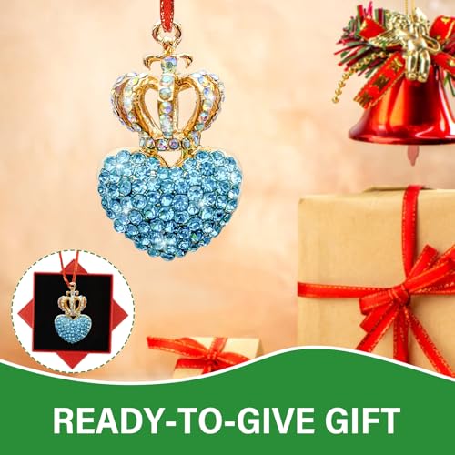 JUESMOS Blue Love Heart Crown Christmas Ornaments with Rhinestones