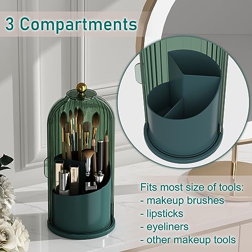 GAXmi Green Rotating Makeup Brush Holder with Lid, Waterproof & Dustproof