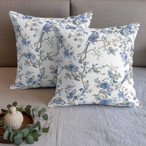 Birchloom Blue Floral Birds King Bed Runner Set with 2 Pillow Covers