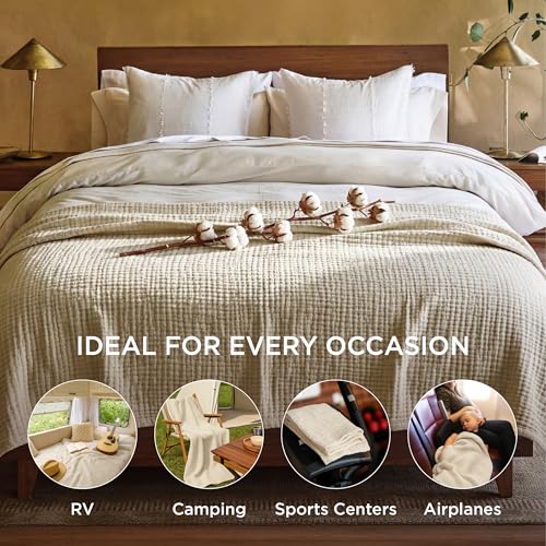 100% Cotton Muslin Blanket King Size - Lightweight Breathable 4-Layer Gauze Throw, Linen Beige, 108x90 Inches