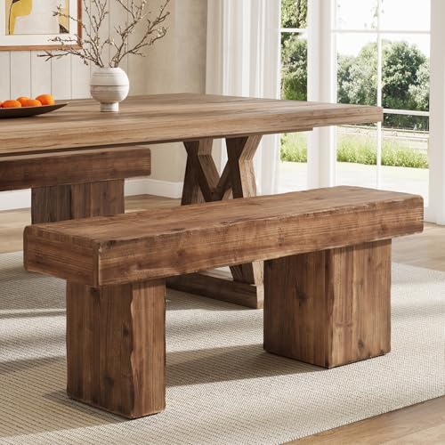 47" Rustic Solid Wood Entryway Bench, Farmhouse Dining Bench with Artistic Legs