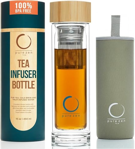 Pure Zen Tea Glass Infuser Bottle – Leakproof Travel Tea Tumbler with Stainless Steel Strainer, 15 oz