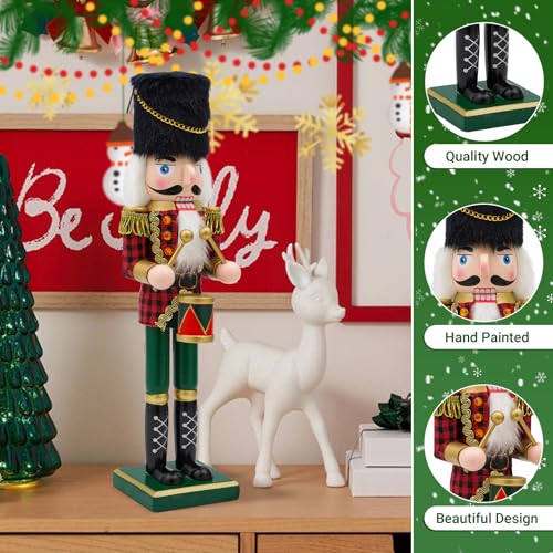 14-Inch Wooden Nutcracker Drummer Figure - Handcrafted Christmas Decor