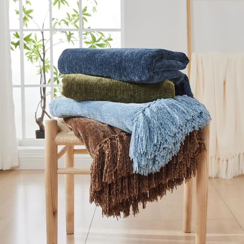 Chenille Throw Blanket with Fringe, Dusty Blue Plush Sofa Throw 50"x60"