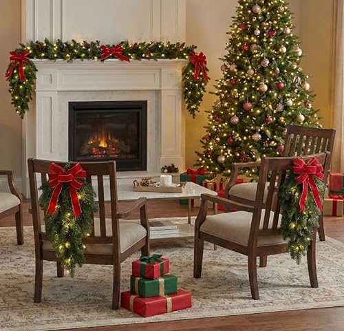 Set of 4 Pre-Lit Christmas Stair Swags with LED Lights and Plaid Bows