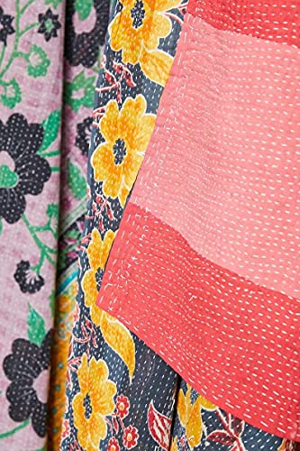 Indian Kantha Quilt - Handmade Reversible Cotton Throw 55x85 Inches