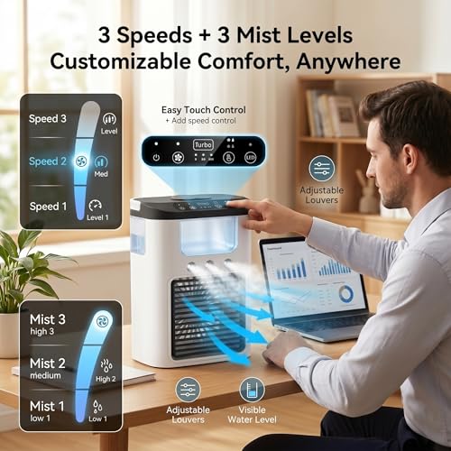 Portable Air Conditioner Fan, Mini Desktop Misting Fan with 3 Speeds and RGB Light