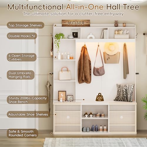 77" Tall Hall Tree with Bench, Shoe Storage, Coat Rack & RGB LED Lighting