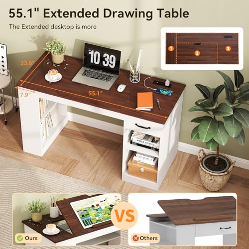 55.1" Tiltable Drafting Table with Storage, Drawer, and Power Outlets