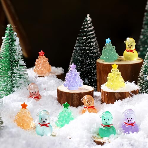 96 Pcs Luminous Mini Christmas Tree & Snowman Figurines Set – Glow in the Dark Resin DIY Holiday Decor