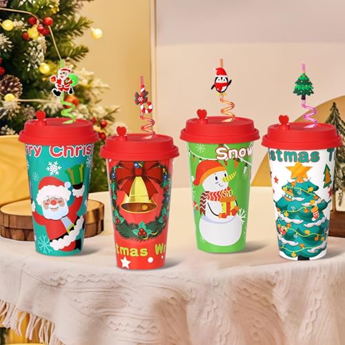 AFZMON 24 Sets Christmas Party Cups with Lids and Silly Straws - Bulk 16oz