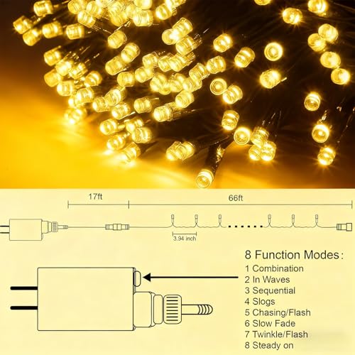 Home Lighting 66ft Fairy String Lights with 200 Warm White LEDs, 8 Modes, Green Wire, Plug-In Indoor Outdoor