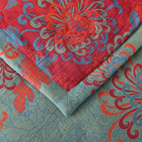 100% Cotton Red Floral Jacquard Quilt - Reversible Lightweight Bedspread