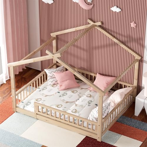 Full Size House Bed with Fence, Solid Wood Montessori Floor Bed Frame