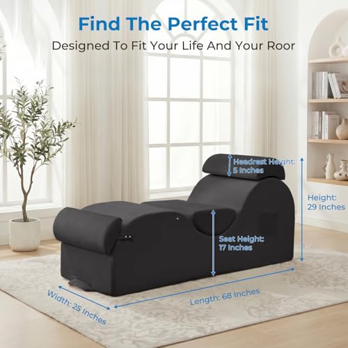 Velvet Yoga Chaise Lounge Chair with Headrest and Footrest, Dark Grey