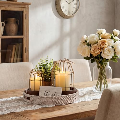 Modern Rustic Farmhouse Lantern Decor Set of 5 - Small, Gold & Burlywood, Includes Wooden Bases and Faux Eucalyptus