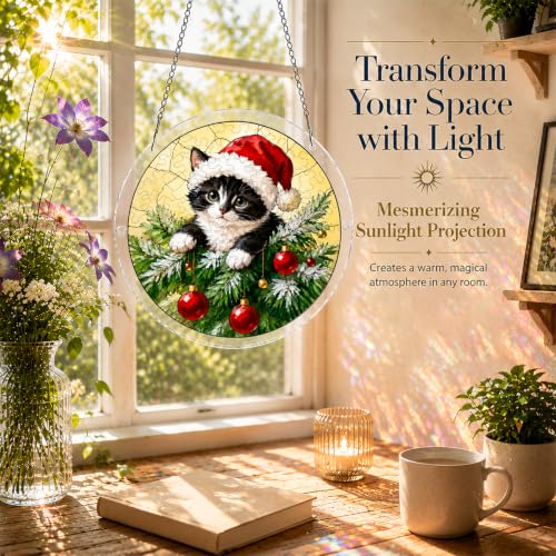 Santa Hat Cat Acrylic Christmas Puzzle Suncatcher Window Hanging Decor - HMGAWB