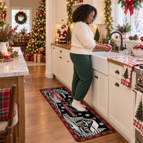 Christmas Kitchen Rugs and Mats Set - African American Santa Variation, 3-Piece Holiday Floor Mat Collection
